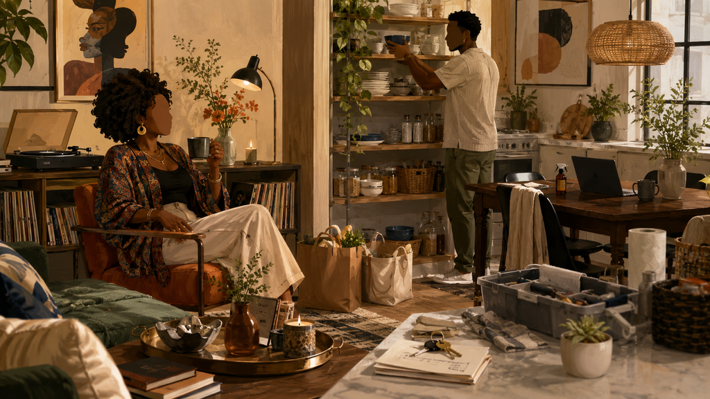 Two Black adults share a warm living space where social warmth and practical responsibilities illustrate charm, contribution, reliability, and shared effort.