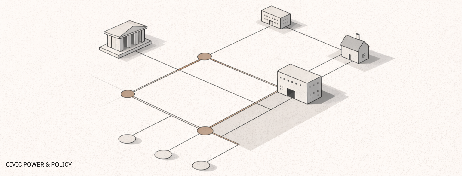 Civic Power and Policy category banner showing abstract institutional systems