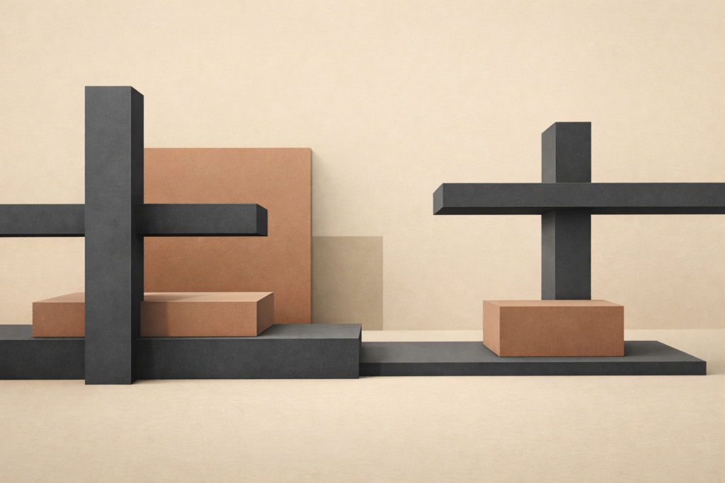 Minimalist editorial illustration showing discipline as stable architectural structure with clean geometric forms and calm alignment.