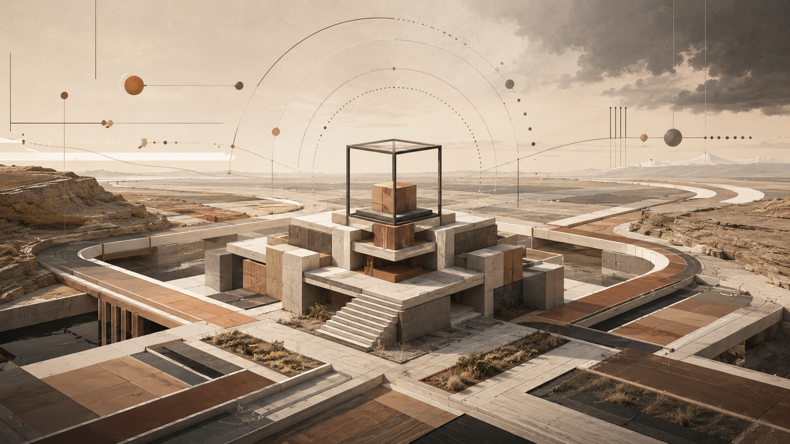 Architectural illustration showing a stable modular structure surrounded by directional pathways and signals, representing future literacy skills for recognizing change, understanding systems, planning adaptively, and remaining capable under complexity.