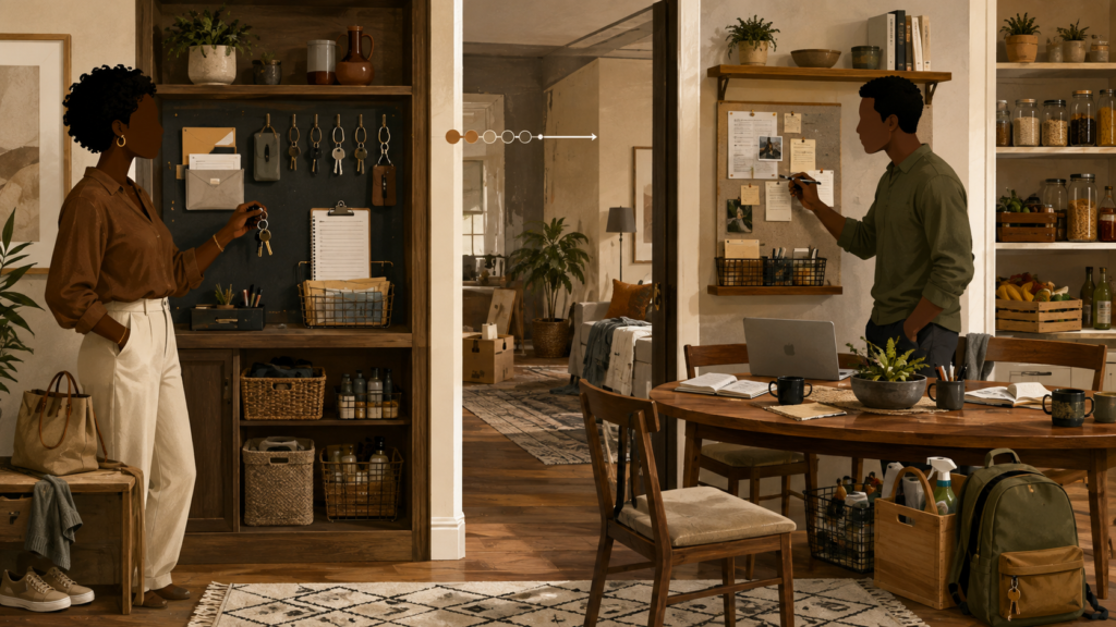 Two Black adults share a home where one side concentrates household access and decision-making while another area shows responsibilities and authority being distributed.