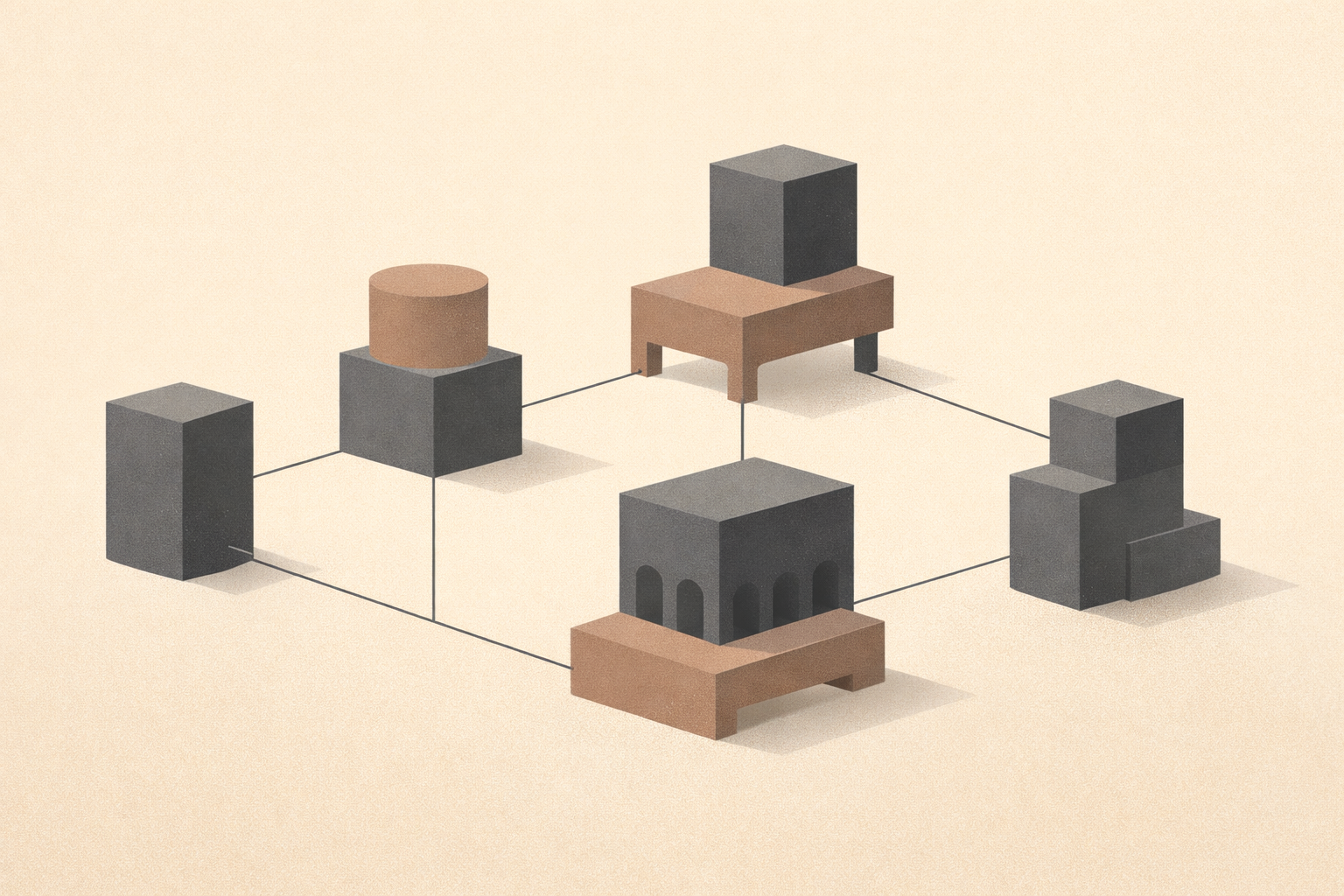 Minimalist editorial illustration showing how group economics works through shared ownership, coordination, and distributed risk.