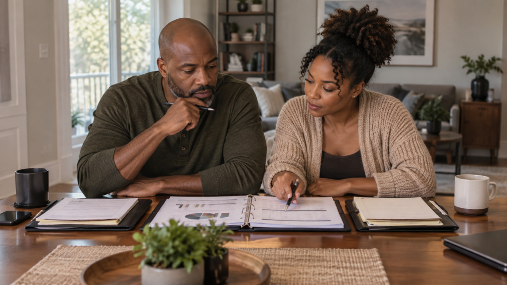 Married couple reviewing shared household finances with joint financial records and separate personal documents organized across a dining table.