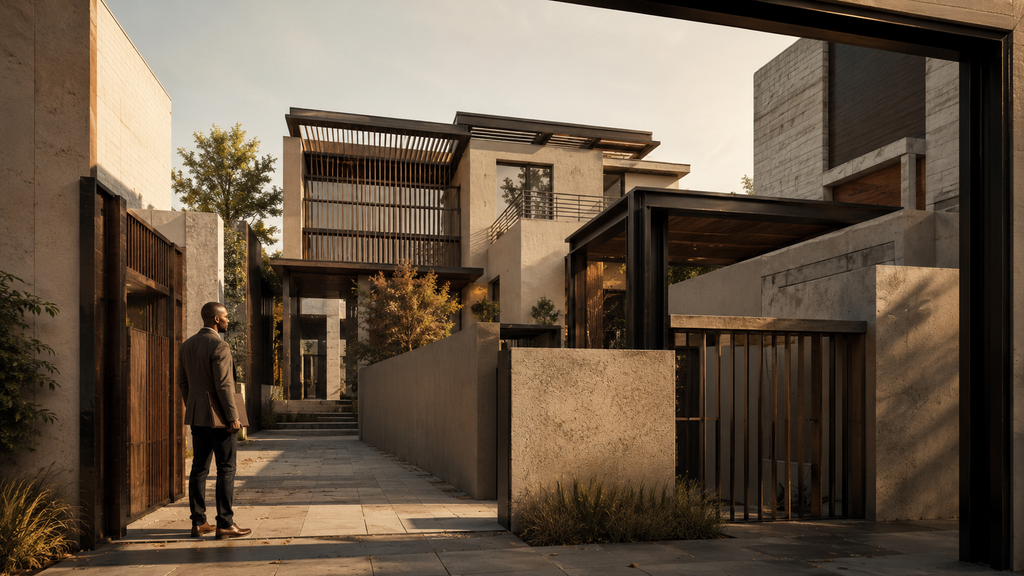 Editorial architectural illustration of a property surrounded by layered thresholds and structural boundaries, representing how ownership exists within financial obligations and decision rights.