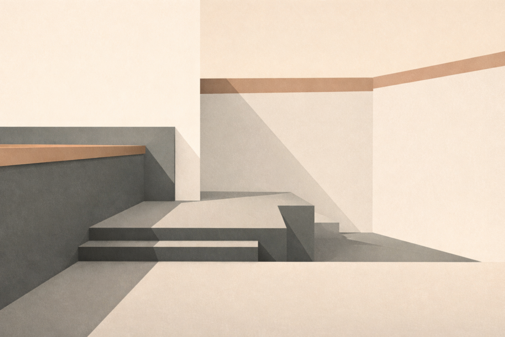 Minimalist architectural illustration representing private discipline and unseen maintenance through layered planes, clean lines, and restrained structure.