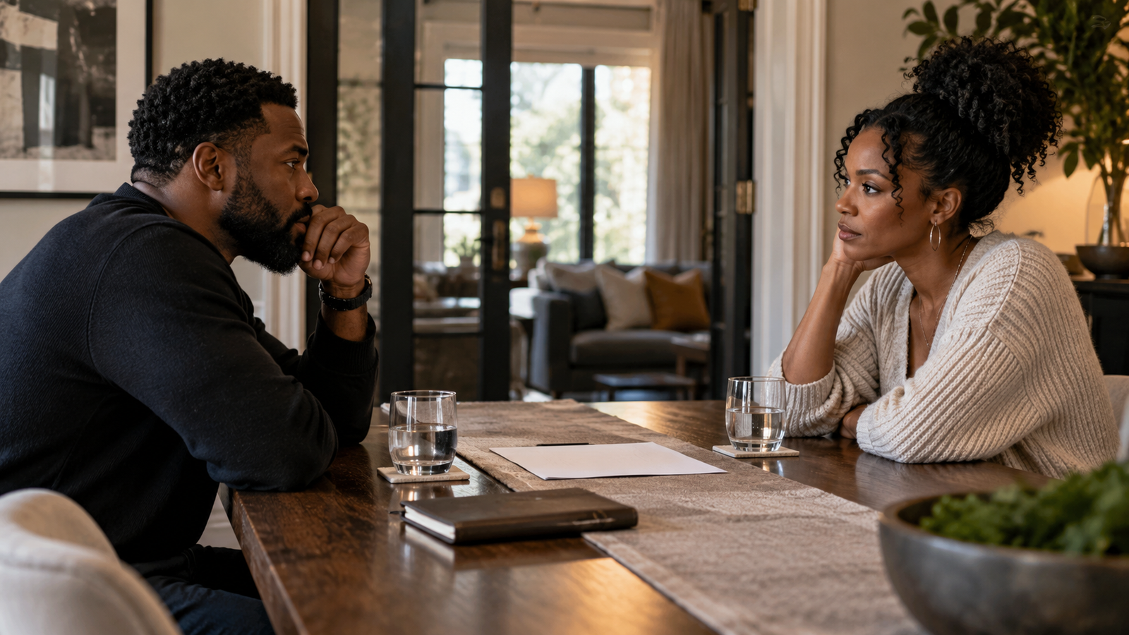 Two adults seated across a household table for a serious conversation about relationship boundaries, mutual respect, and shared standards.