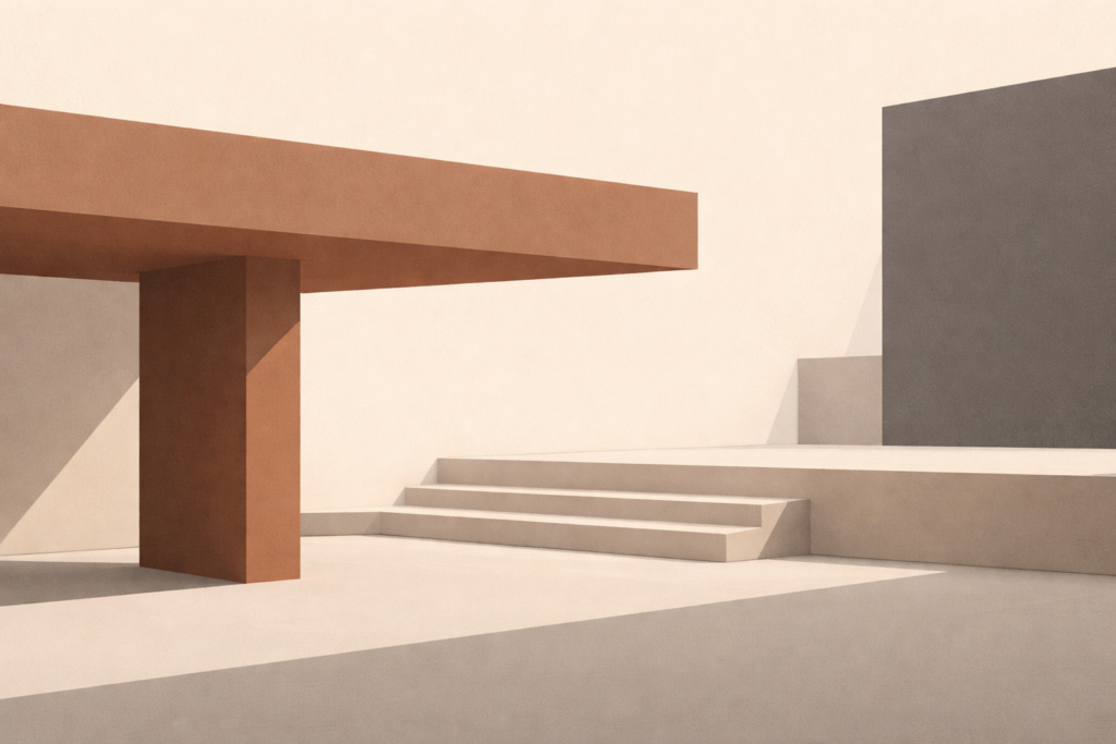 Minimalist architectural illustration symbolizing silence as discipline through clean lines, negative space, and structural restraint.