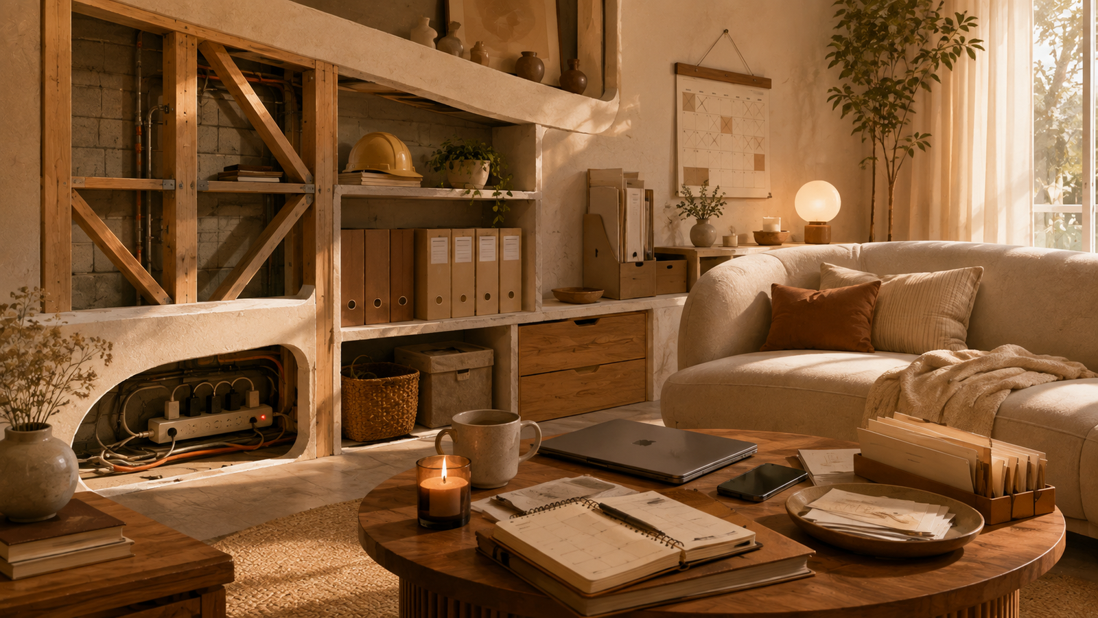 A calm neutral interior with a construction hard hat among soft decor, representing soft life discipline and the structure required to support a soft life.
