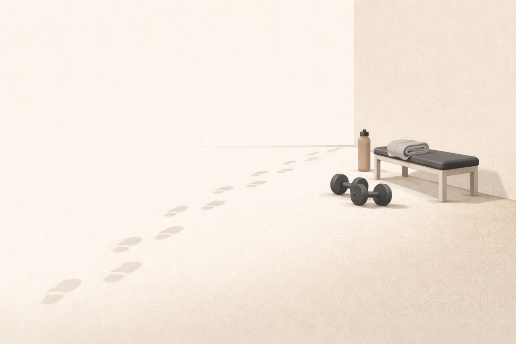 Still on your grind after the hype fades, shown as a quiet gym space with repeated footprints representing discipline and consistency