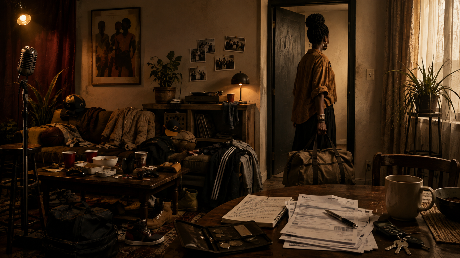 A composed Black woman stands in a shared space filled with other people's belongings, illustrating emotional labor, unequal contribution, and relationship boundaries.