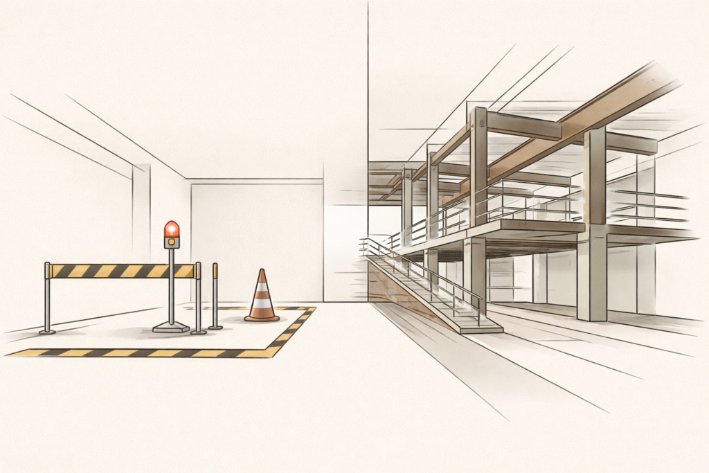 Architectural illustration showing the difference between warning children and preparing them, with one side using alerts and the other built with reinforced structures and skill-based support.