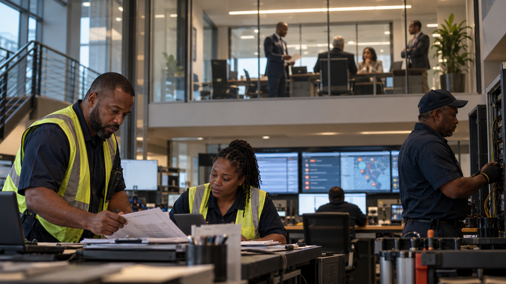 Frontline workers managing the operational consequences of a system failure while senior decision-makers remain more insulated in the background.