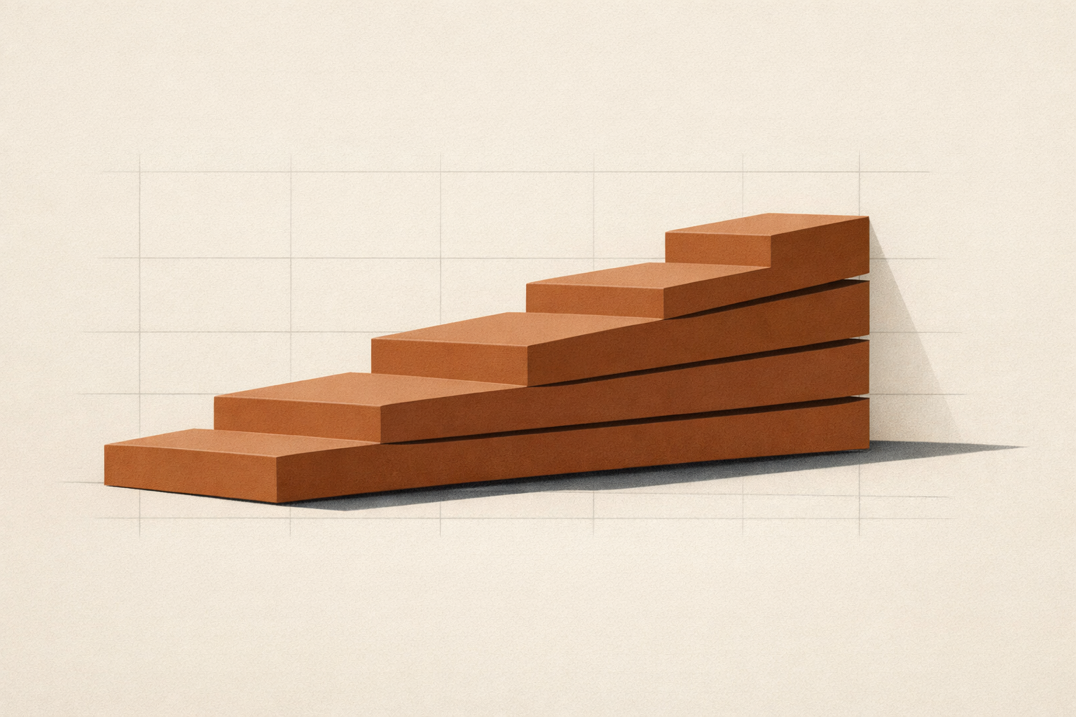 Five ascending clay-brown structural beams symbolizing a year of disciplined growth and earned progress.