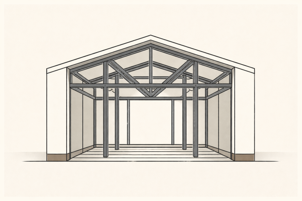 Minimalist architectural illustration showing a plain exterior with a visible internal framework, representing a man’s internal standard as the source of stability and self-governance.