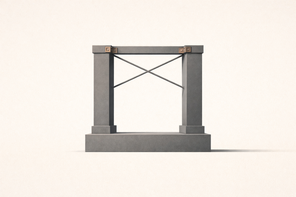 Reinforced architectural structure with locking brackets and visible fasteners symbolizing accountability in relationships as enforcement of shared standards.