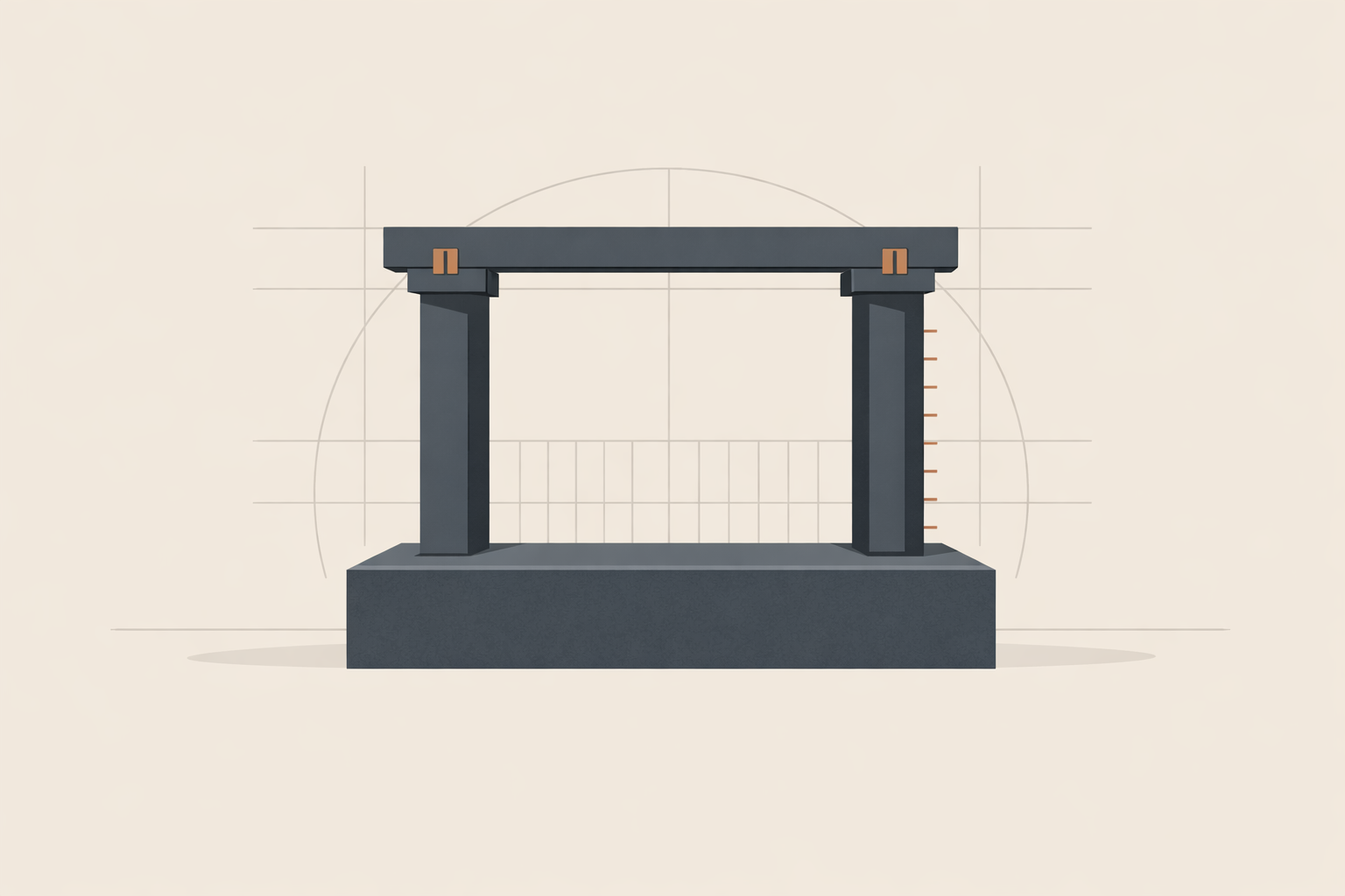 Reinforced architectural framework with foundation, aligned pillars, structural brackets, and faint grid lines symbolizing accountability in relationships through measurable standards and monitored enforcement.