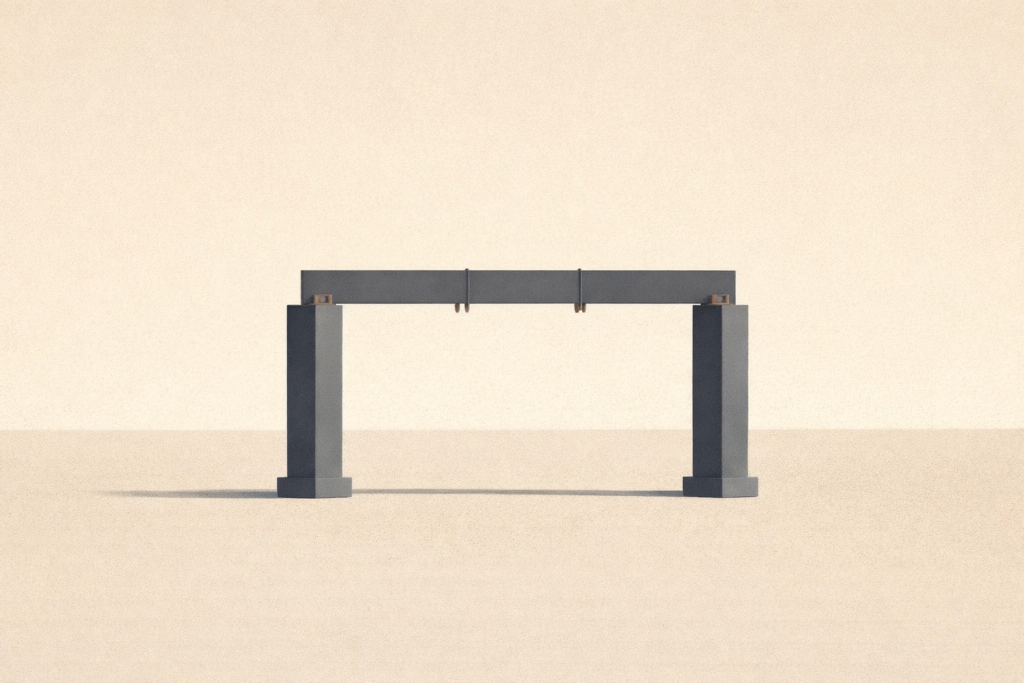 Minimalist architectural illustration of two charcoal columns with a horizontal beam aligned between them on a warm sand background, symbolizing structure and disciplined connection.