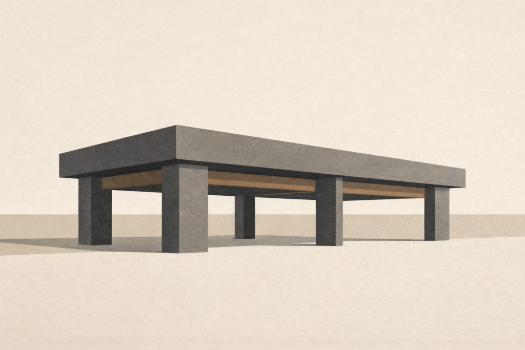 Minimalist architectural structure bearing heavy load with understated supports, representing carrying responsibility without announcement or display.
