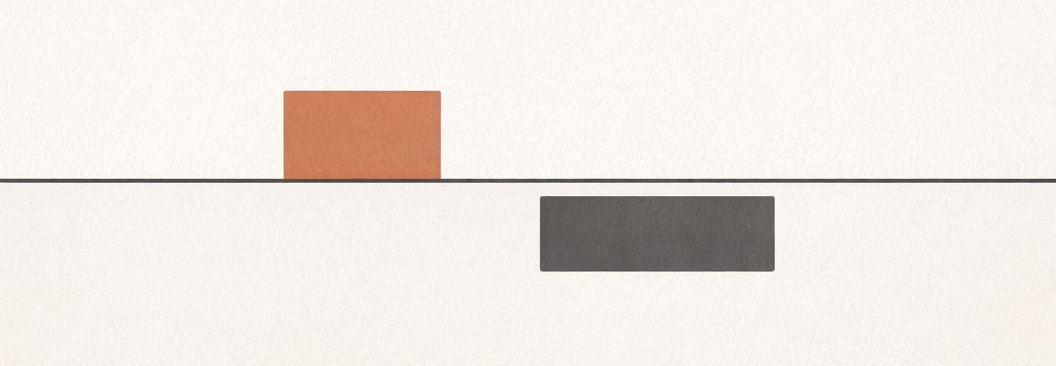Clarity and cruelty illustrated by two minimalist geometric forms separated by a deliberate boundary line.