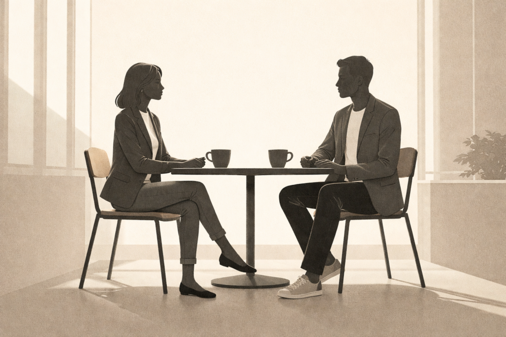 What to wear on a coffee date illustrated with two silhouettes at a café table in daylight.