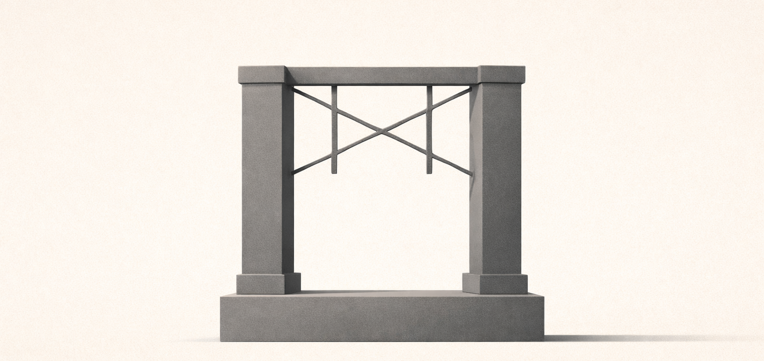 Reinforced architectural structure with foundation, upright pillars, and cross-braced beam symbolizing that commitment requires infrastructure for long-term stability.