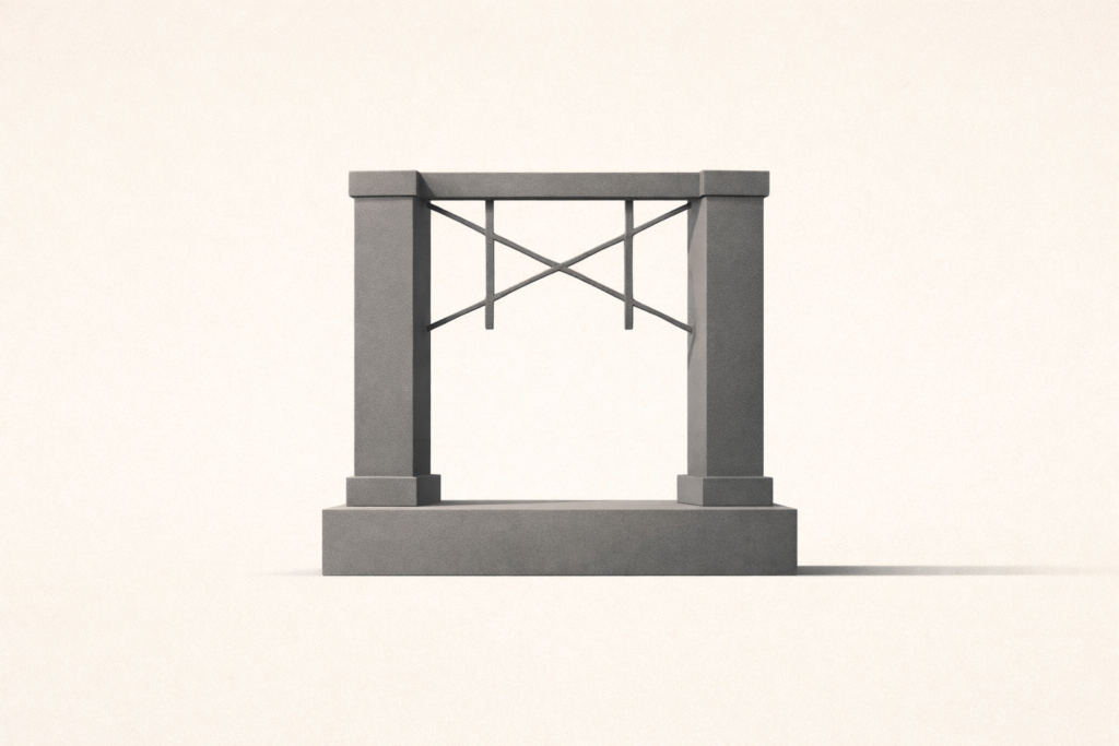 Reinforced architectural structure with foundation, upright pillars, and cross-braced beam symbolizing that commitment requires infrastructure for long-term stability.