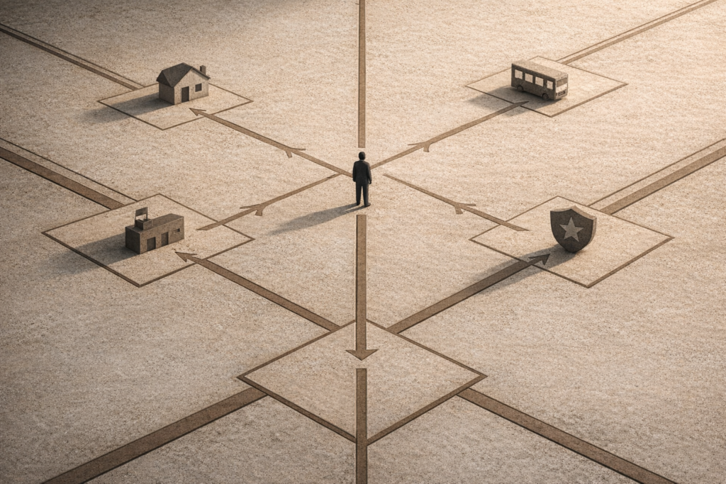 alt="Minimalist structural illustration representing community reentry programs and civic infrastructure."