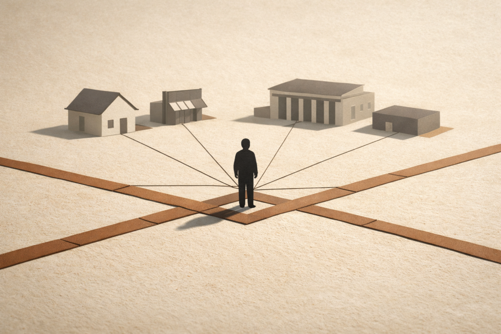 Minimalist architectural illustration of a structured civic plaza grid with a central human silhouette connected to surrounding buildings, symbolizing community reintegration infrastructure and neighborhood trust systems.