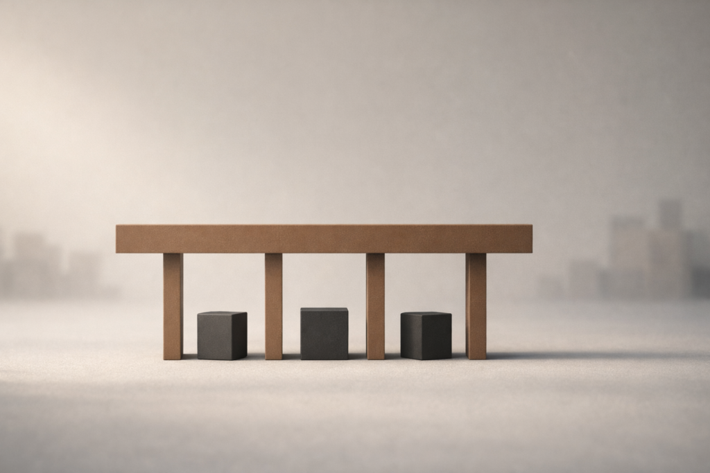 alt="Community stability framework represented through shared structural supports and neighborhood trust."