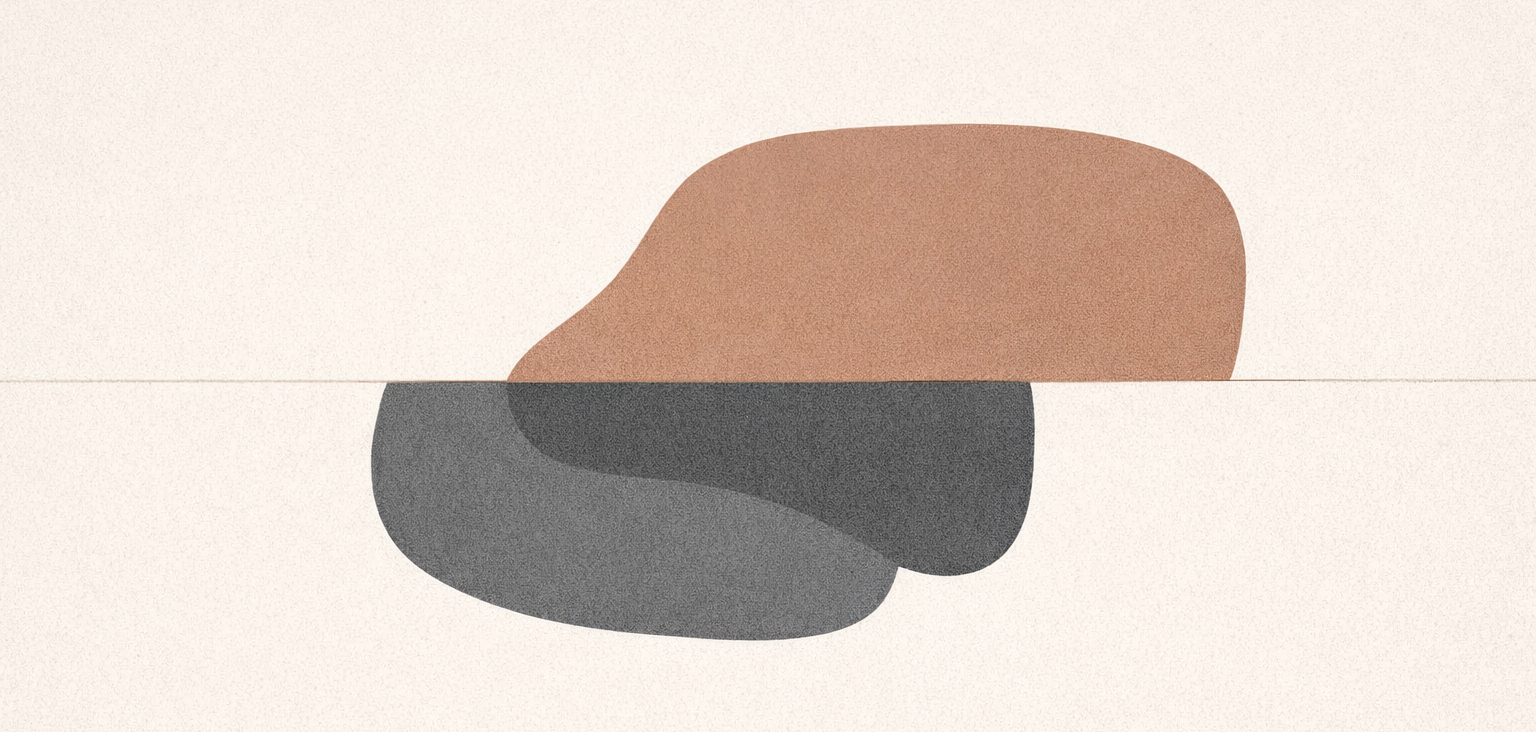 Minimalist illustration of compassion and control shown as overlapping shapes divided by a quiet boundary line, suggesting care becoming intrusive.