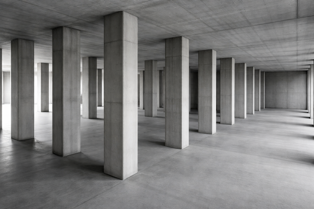 Closely spaced concrete columns inside a modern structure, illustrating structural compression and reduced margin.