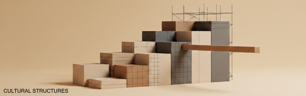 Cultural Structures series banner featuring ascending stone blocks and structural clay beam in warm sand tones.