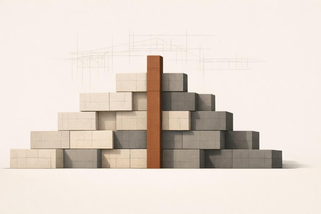 Cultural structures illustrated as partially constructed stone blocks aligned in an offset grid with a central clay-brown structural column, symbolizing culture as load-bearing infrastructure.