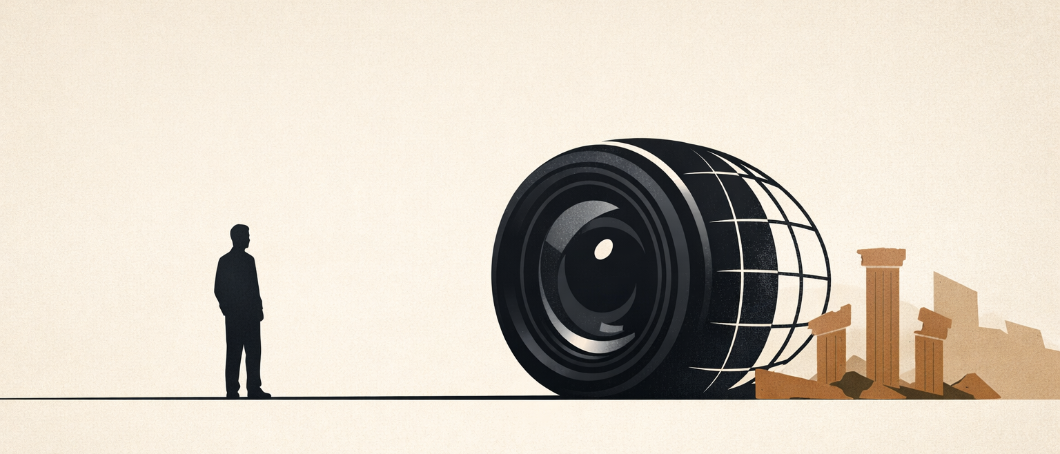 Minimalist editorial illustration representing digital colonialism, surveillance incentives, and cross-border governance gaps.