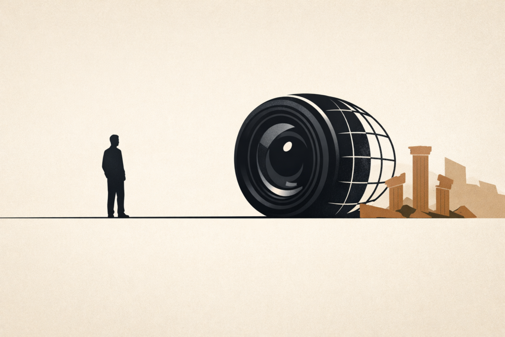 Minimalist editorial illustration representing digital colonialism through surveillance, global inequality, and broken governance structures.