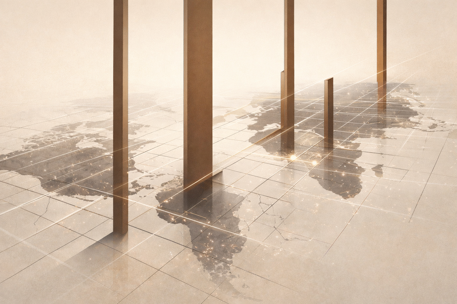 Minimalist illustration representing digital sovereignty and cross-border regulation through intersecting global infrastructure grids.