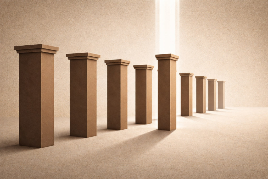 Minimalist architectural illustration of warm sand surface with clay-brown columns receding into the distance, one column subtly illuminated by vertical light to symbolize disciplined action and steady progression.