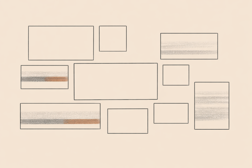 Minimalist editorial illustration showing fragmented media screens, representing doom as entertainment and the commodification of fragility in modern media culture.