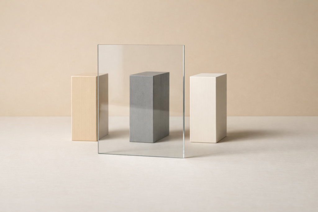 Contextual distortion in economic data shown through glass altering the appearance of aligned blocks in minimalist editorial still life