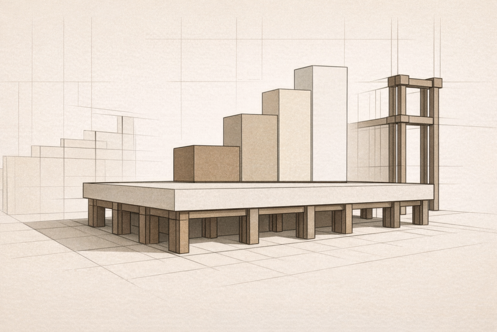 Minimalist architectural illustration of economic infrastructure for Black sovereignty showing a foundation slab with ascending capital formation tiers representing land, enterprise, and liquidity.
