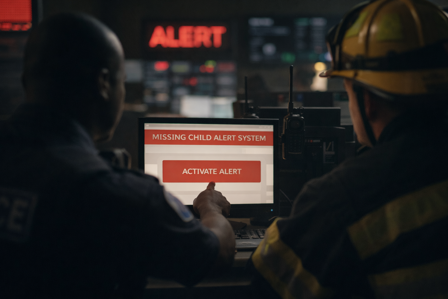 Ebony Alert impact audit context image showing emergency responders activating an alert in a control room.