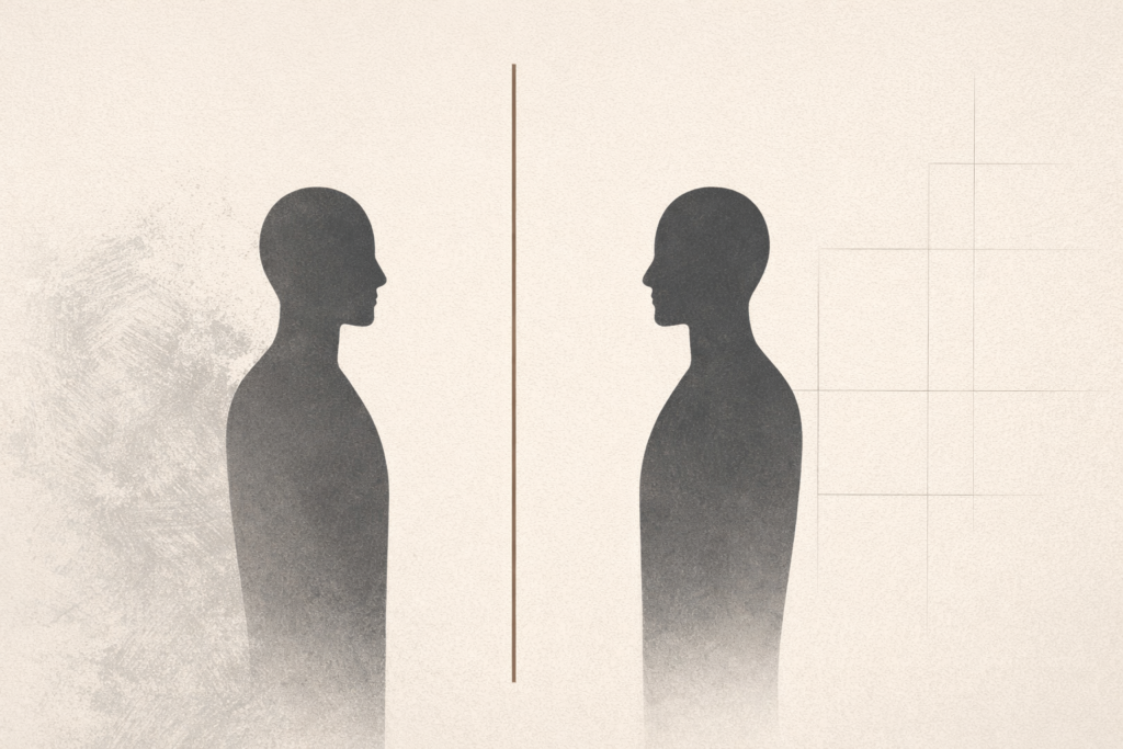 Minimalist editorial illustration showing two abstract human silhouettes separated by a clear boundary line, symbolizing emotional protection versus control.
