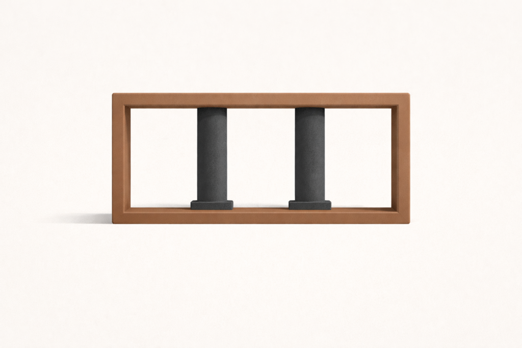 Minimalist architectural illustration of two charcoal columns enclosed within a clay-brown perimeter beam, symbolizing emotional protection and loyalty in modern relationships.
