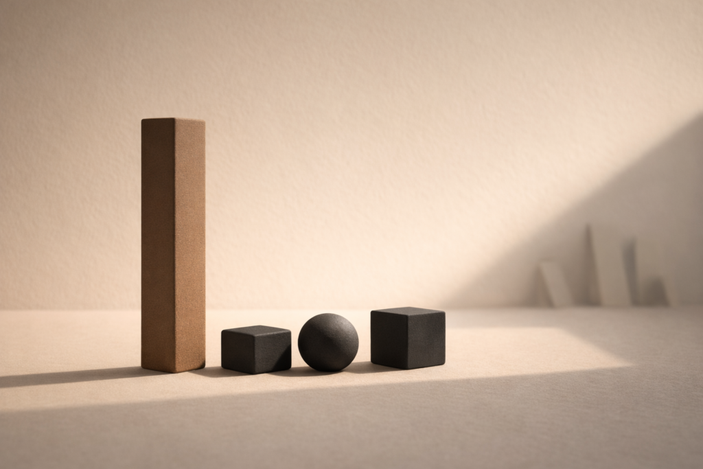 Emotional stability discipline concept showing a grounded structural beam and aligned geometric forms symbolizing regulation and controlled response.