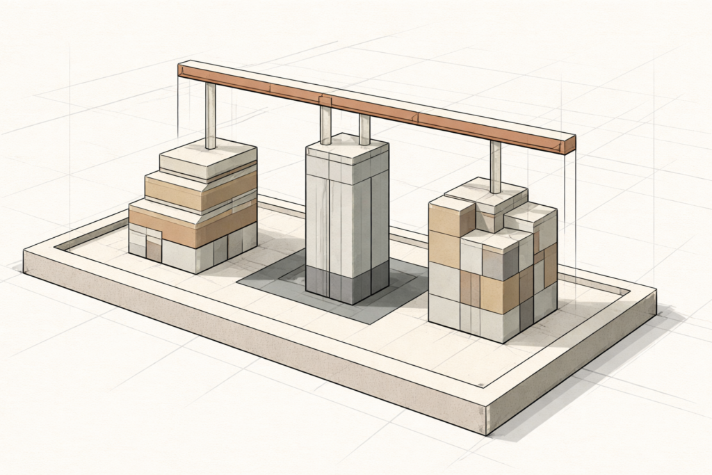 Ethnicity in a multiracial democracy represented by structured geometric civic forms connected by constitutional beams
