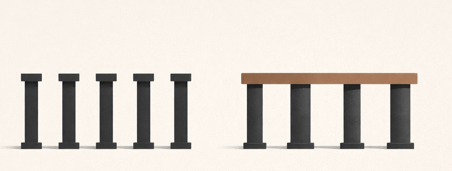 Minimalist architectural illustration comparing fairness vs equality in relationships, showing identical columns on one side and proportionally reinforced columns on the other.