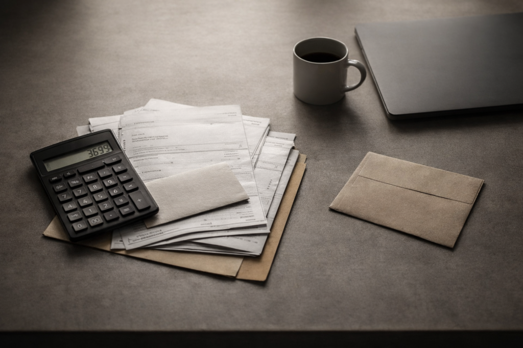 Desk with bills and calculator illustrating the financial impact of missing persons on families