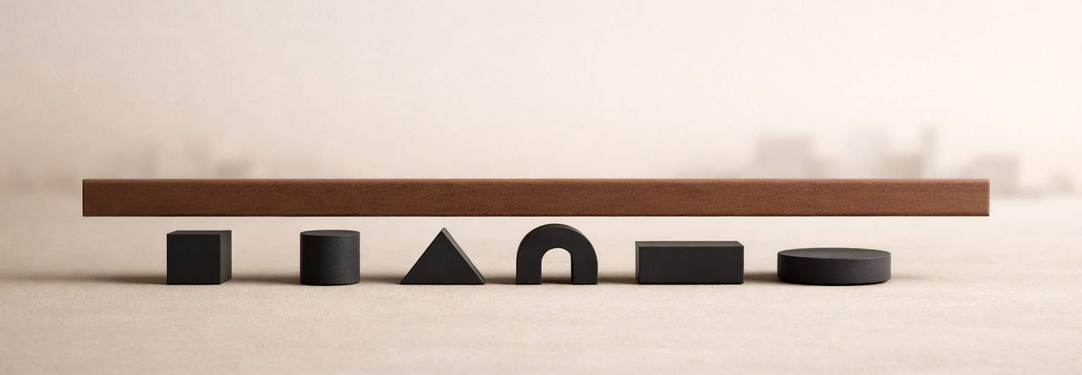 Minimalist ultra-wide stability framework banner with a level clay-brown beam and six aligned charcoal forms, representing six layers of stability built as infrastructure.