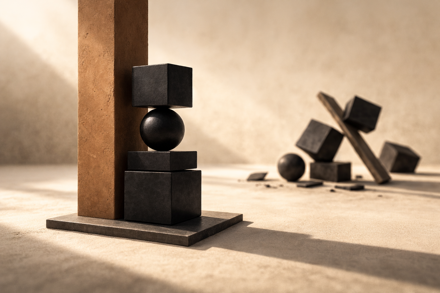 Minimalist illustration of a clay-brown structural beam supporting a financial blueprint, symbolizing financial stability systems and budget infrastructure.