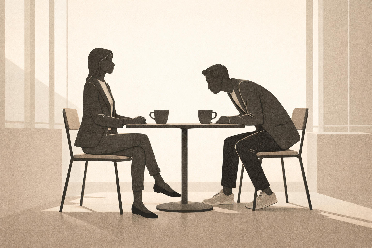 First date mistakes illustrated by two silhouettes at a café table with one leaning too far forward